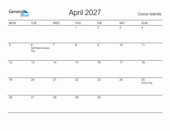 Printable April 2027 Calendar for Cocos Islands