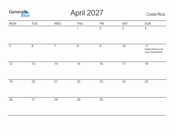 Printable April 2027 Calendar for Costa Rica