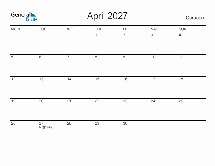 Printable April 2027 Calendar for Curacao