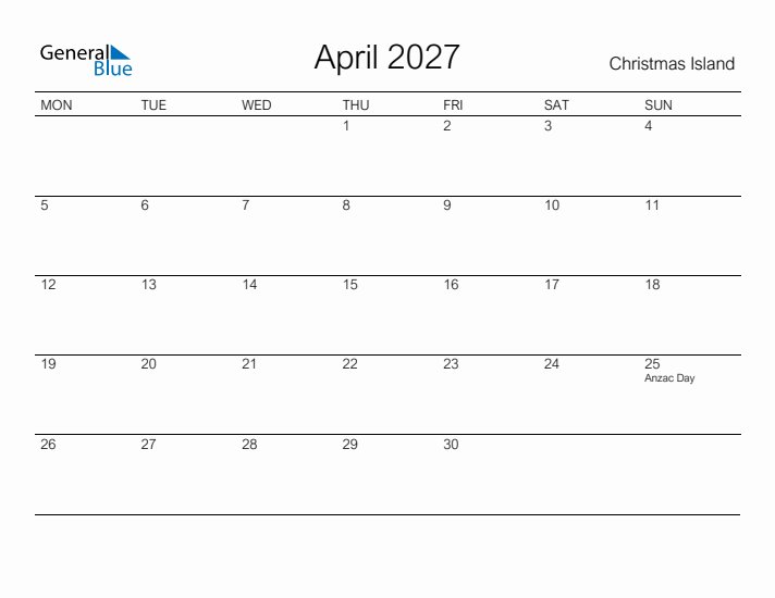 Printable April 2027 Calendar for Christmas Island