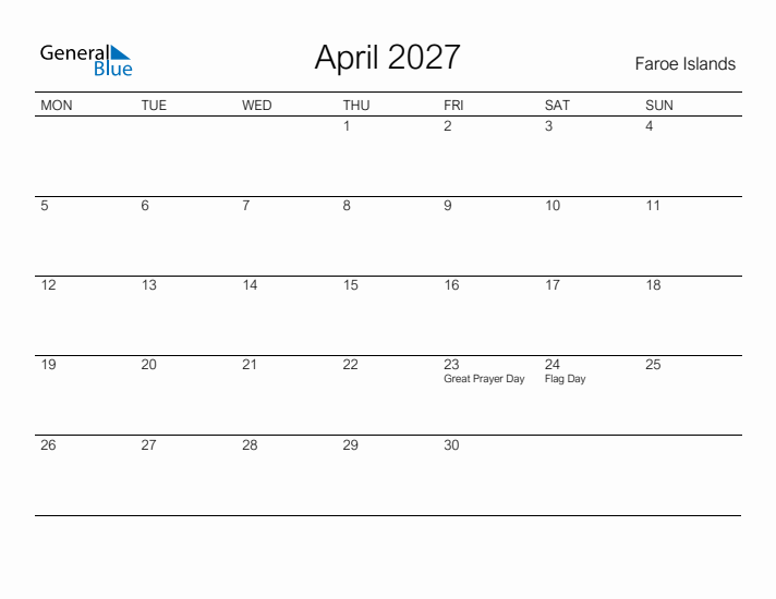 Printable April 2027 Calendar for Faroe Islands