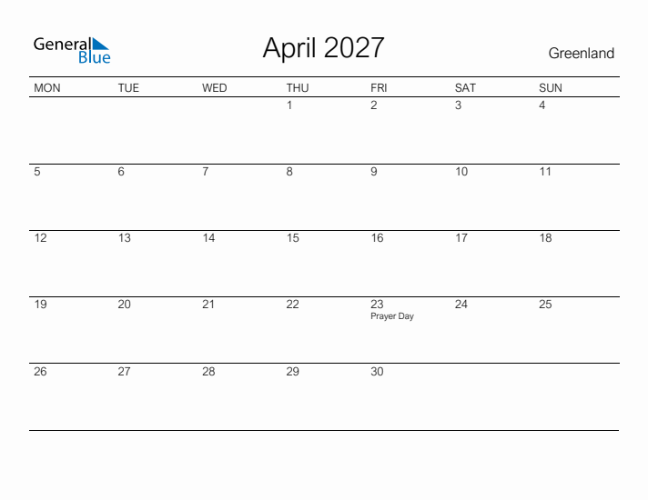 Printable April 2027 Calendar for Greenland