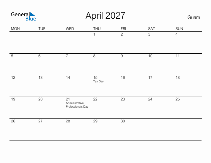 Printable April 2027 Calendar for Guam