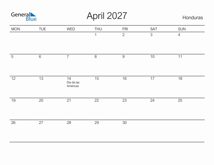 Printable April 2027 Calendar for Honduras