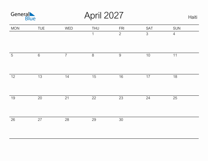 Printable April 2027 Calendar for Haiti