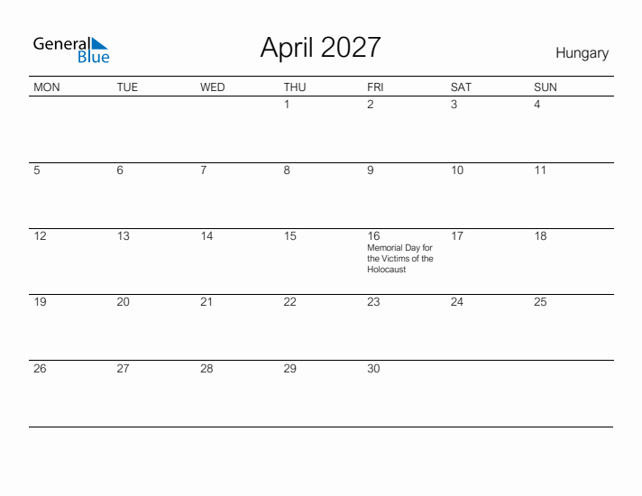Printable April 2027 Calendar for Hungary