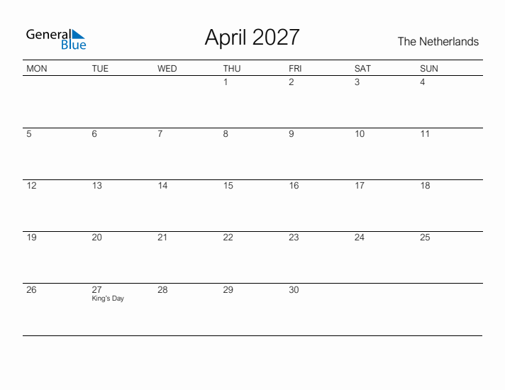 Printable April 2027 Calendar for The Netherlands