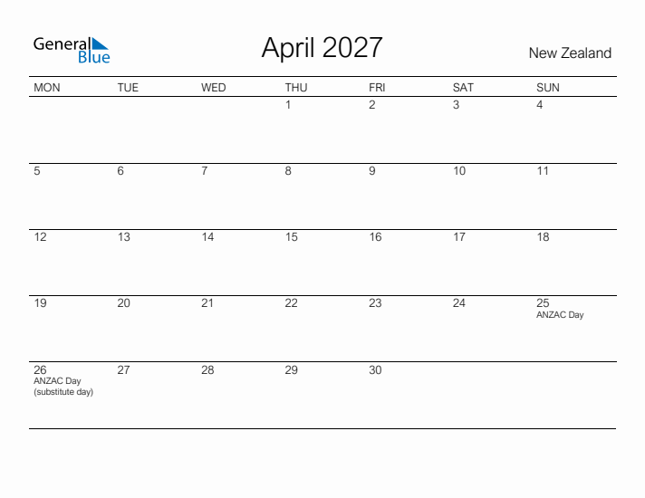 Printable April 2027 Calendar for New Zealand