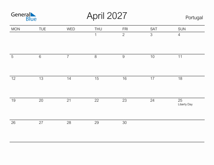 Printable April 2027 Calendar for Portugal