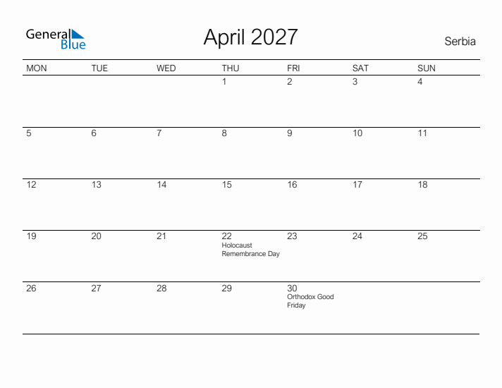 Printable April 2027 Calendar for Serbia