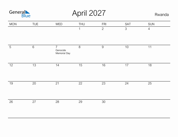 Printable April 2027 Calendar for Rwanda