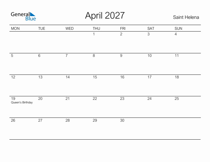 Printable April 2027 Calendar for Saint Helena