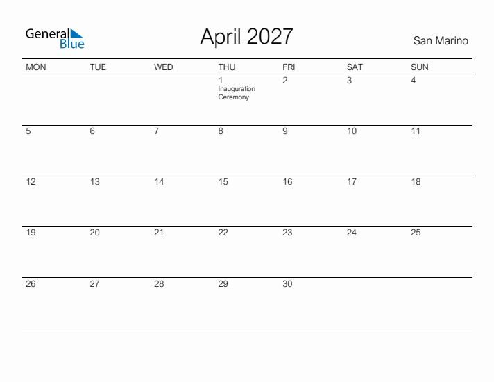 Printable April 2027 Calendar for San Marino