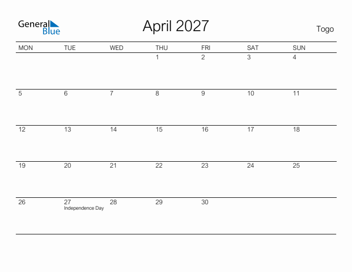 Printable April 2027 Calendar for Togo