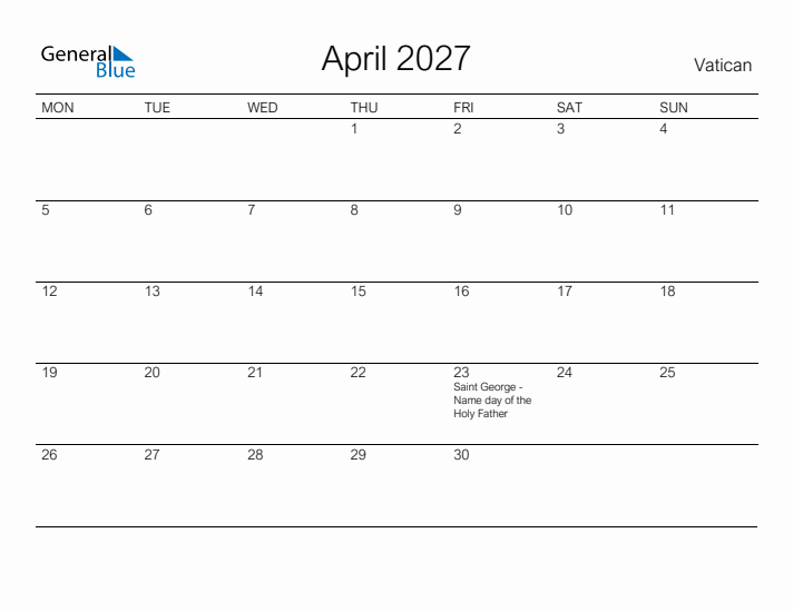 Printable April 2027 Calendar for Vatican