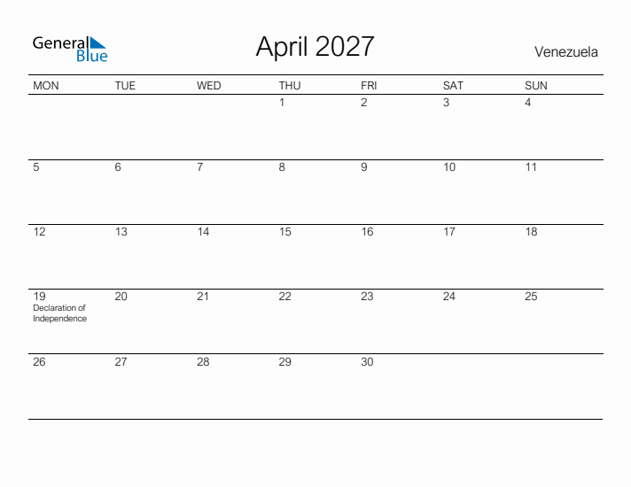 Printable April 2027 Calendar for Venezuela