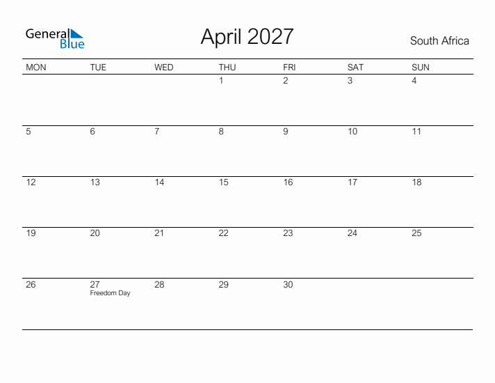 Printable April 2027 Calendar for South Africa