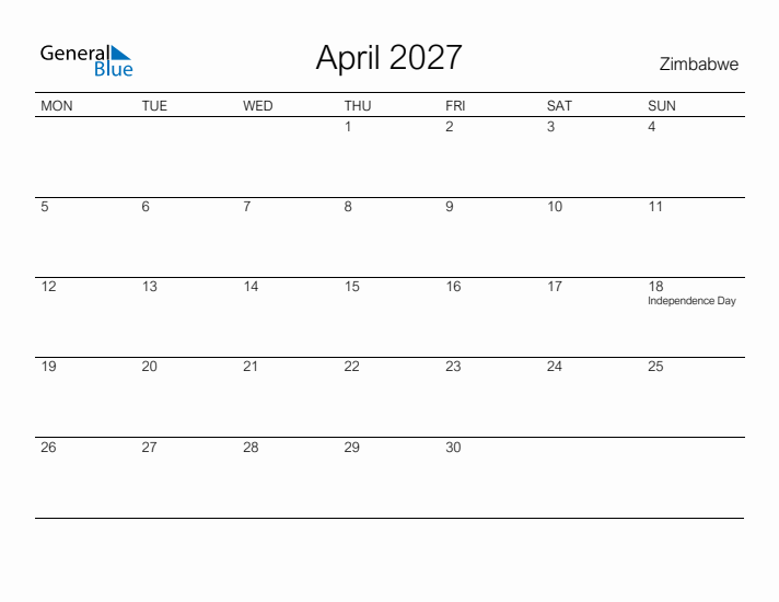 Printable April 2027 Calendar for Zimbabwe