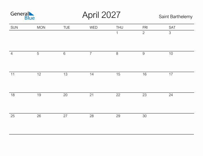 Printable April 2027 Calendar for Saint Barthelemy
