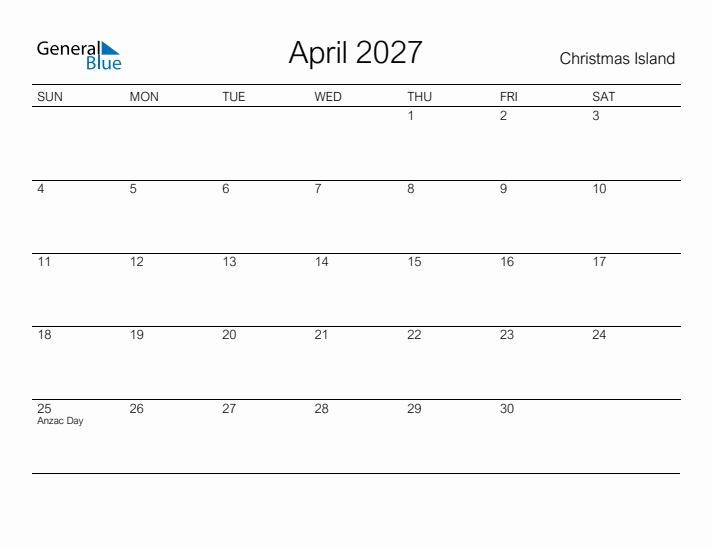 Printable April 2027 Calendar for Christmas Island