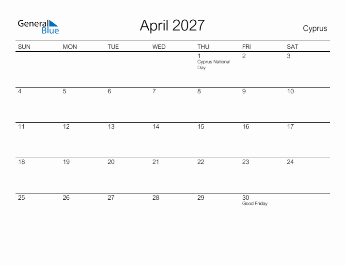 Printable April 2027 Calendar for Cyprus