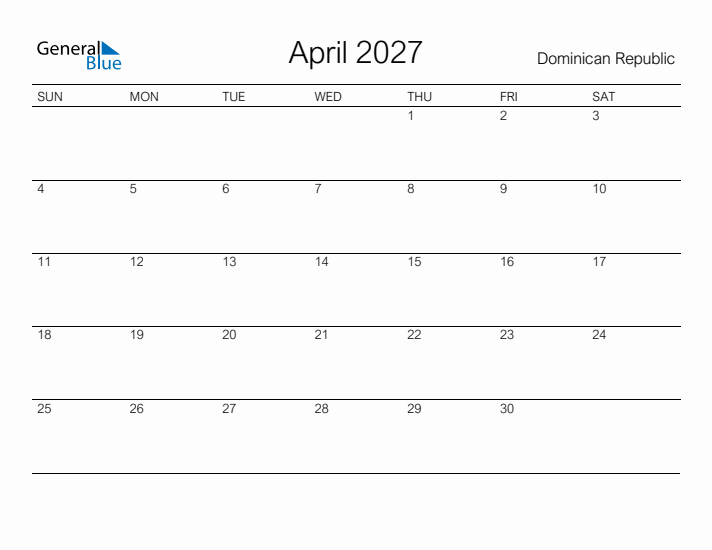 Printable April 2027 Calendar for Dominican Republic