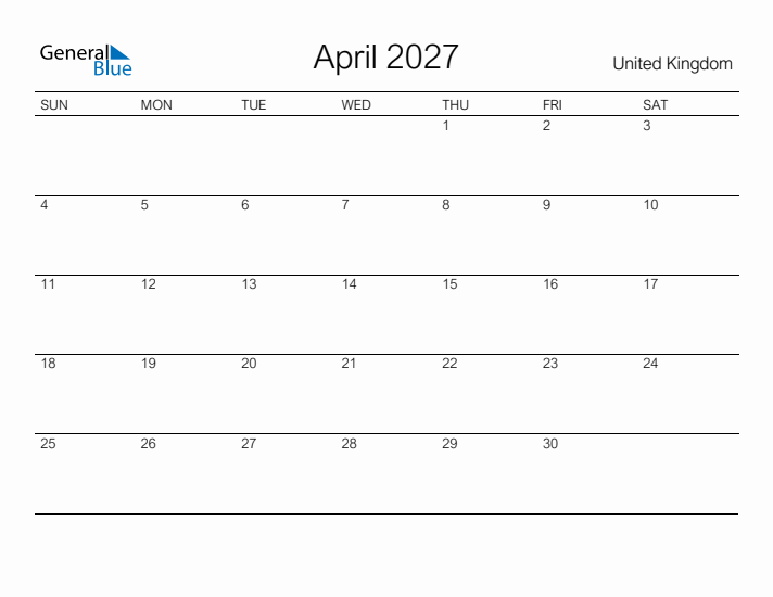 Printable April 2027 Calendar for United Kingdom
