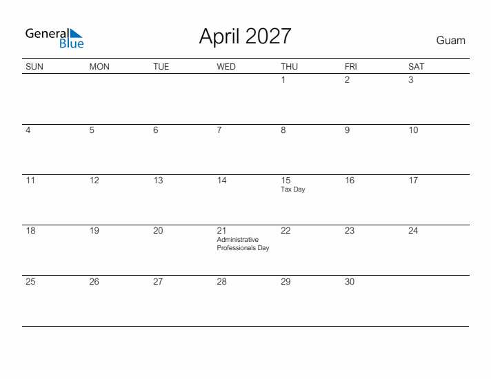 Printable April 2027 Calendar for Guam