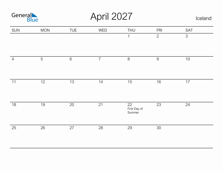 Printable April 2027 Calendar for Iceland