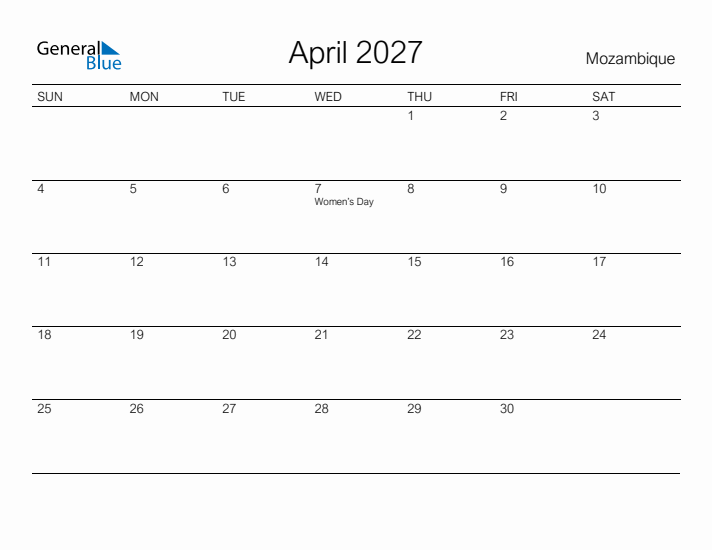 Printable April 2027 Calendar for Mozambique