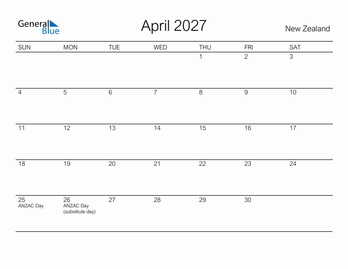 Printable April 2027 Calendar for New Zealand