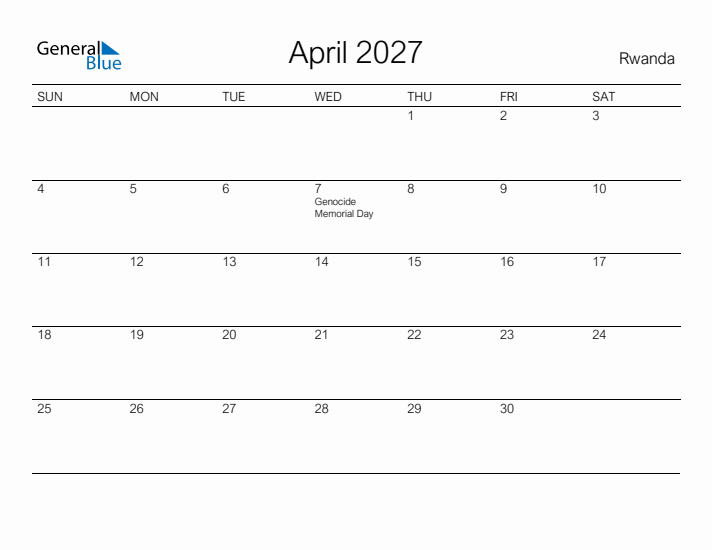 Printable April 2027 Calendar for Rwanda