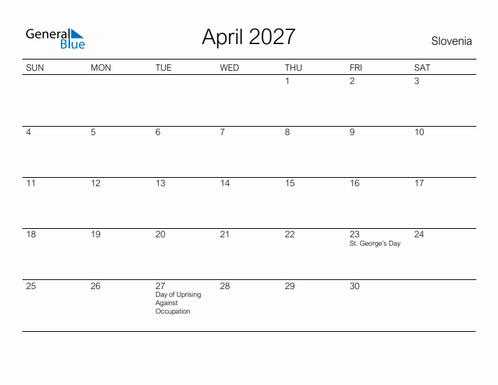 Printable April 2027 Calendar for Slovenia