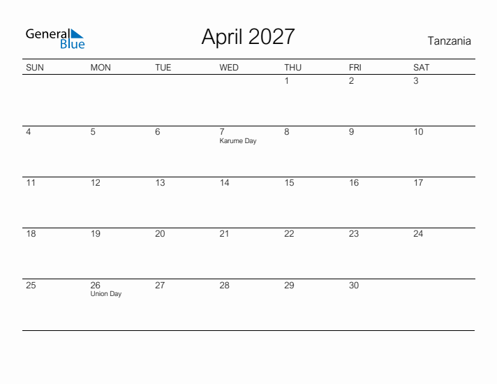 Printable April 2027 Calendar for Tanzania