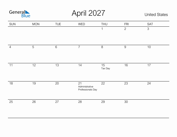 Printable April 2027 Calendar for United States
