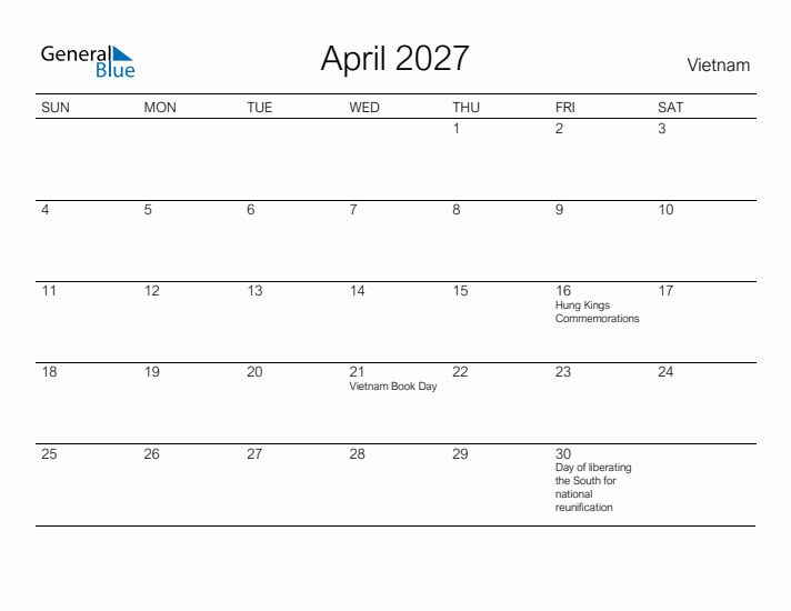 Printable April 2027 Calendar for Vietnam