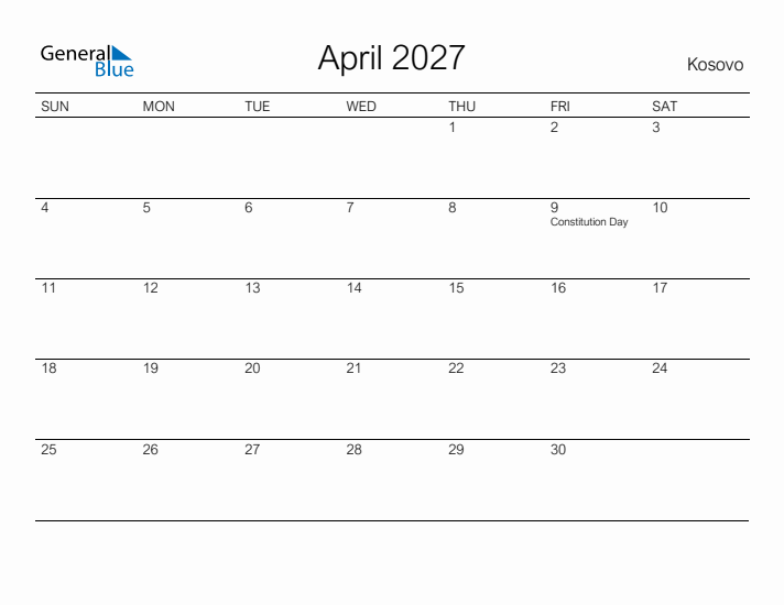 Printable April 2027 Calendar for Kosovo