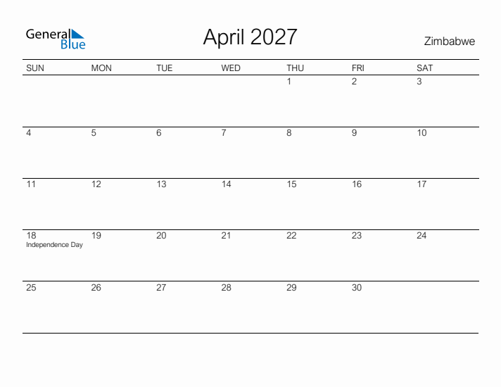 Printable April 2027 Calendar for Zimbabwe