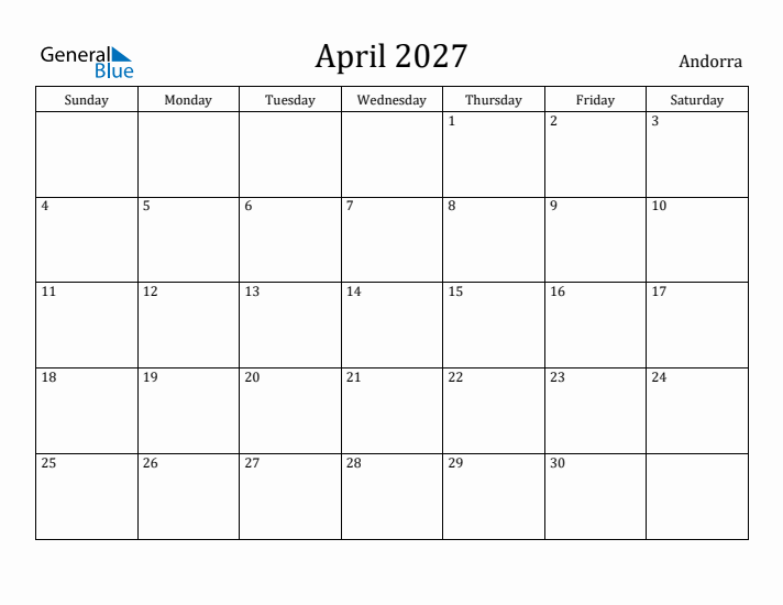 April 2027 Calendar Andorra