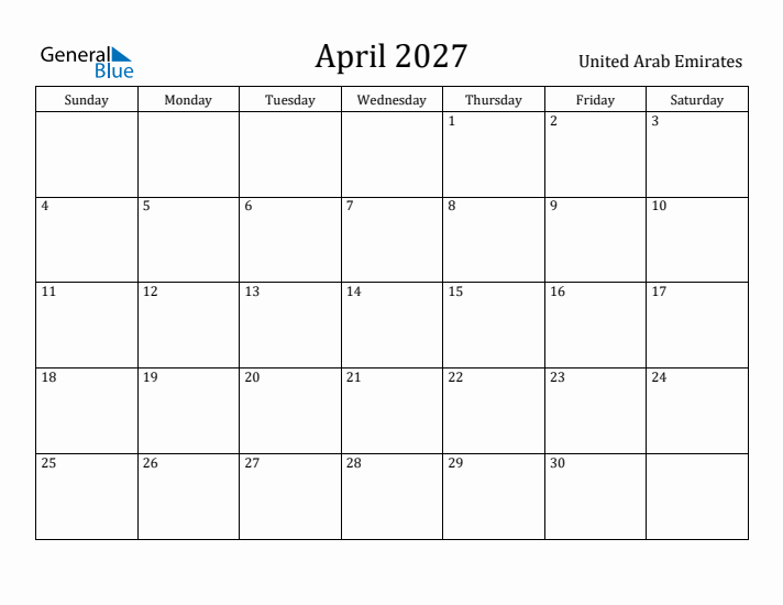 April 2027 Calendar United Arab Emirates