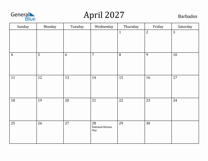 April 2027 Calendar Barbados