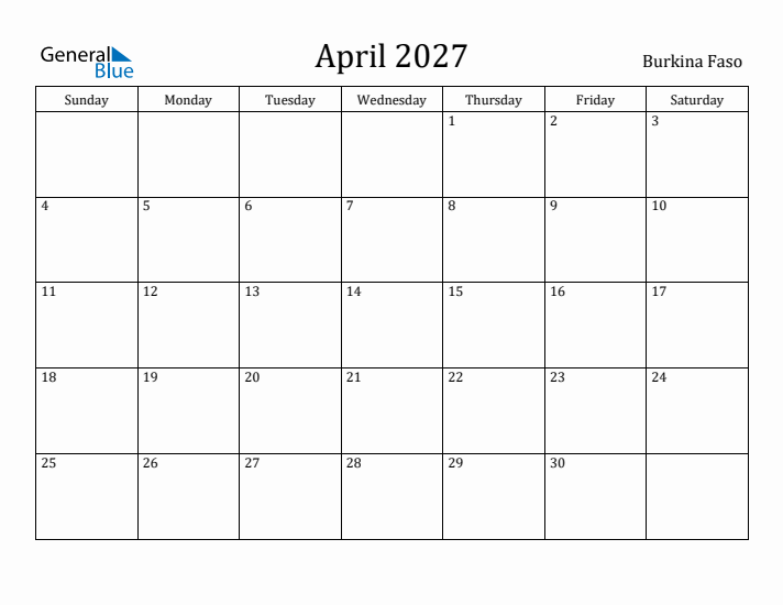 April 2027 Calendar Burkina Faso