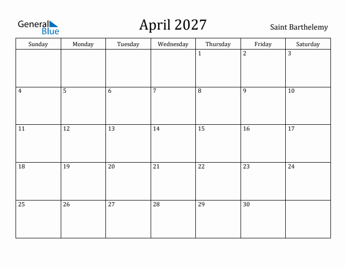 April 2027 Calendar Saint Barthelemy