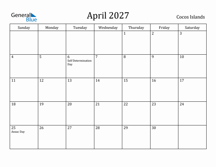 April 2027 Calendar Cocos Islands