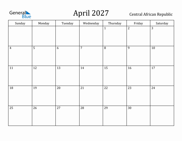 April 2027 Calendar Central African Republic