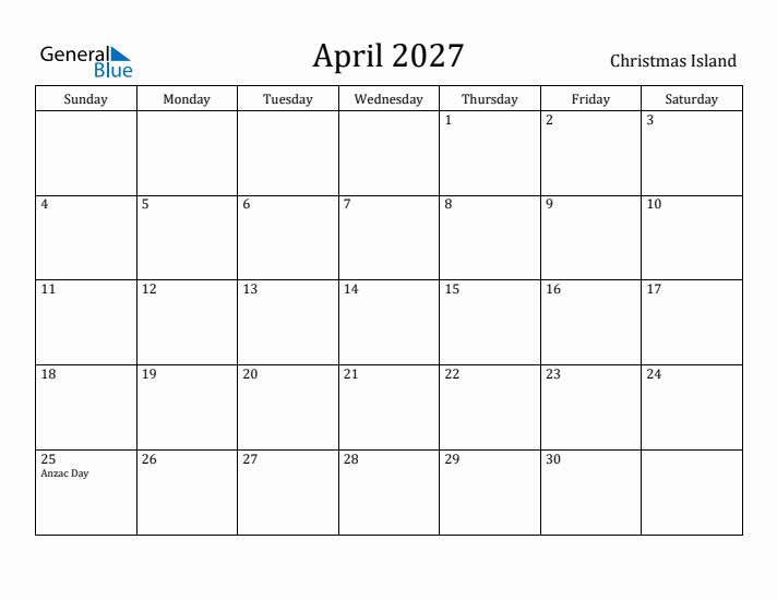 April 2027 Calendar Christmas Island
