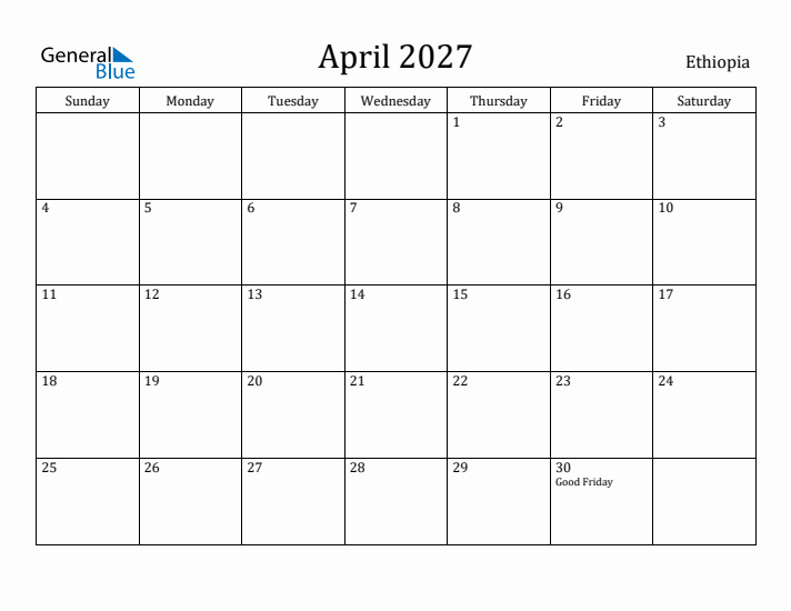April 2027 Calendar Ethiopia