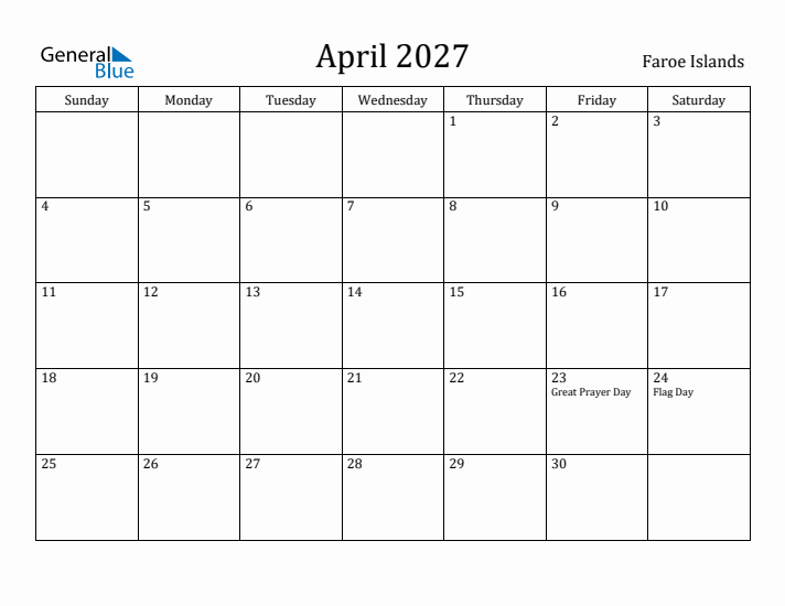 April 2027 Calendar Faroe Islands