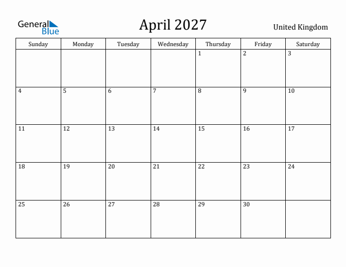 April 2027 Calendar United Kingdom