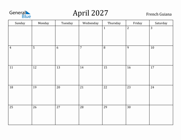 April 2027 Calendar French Guiana